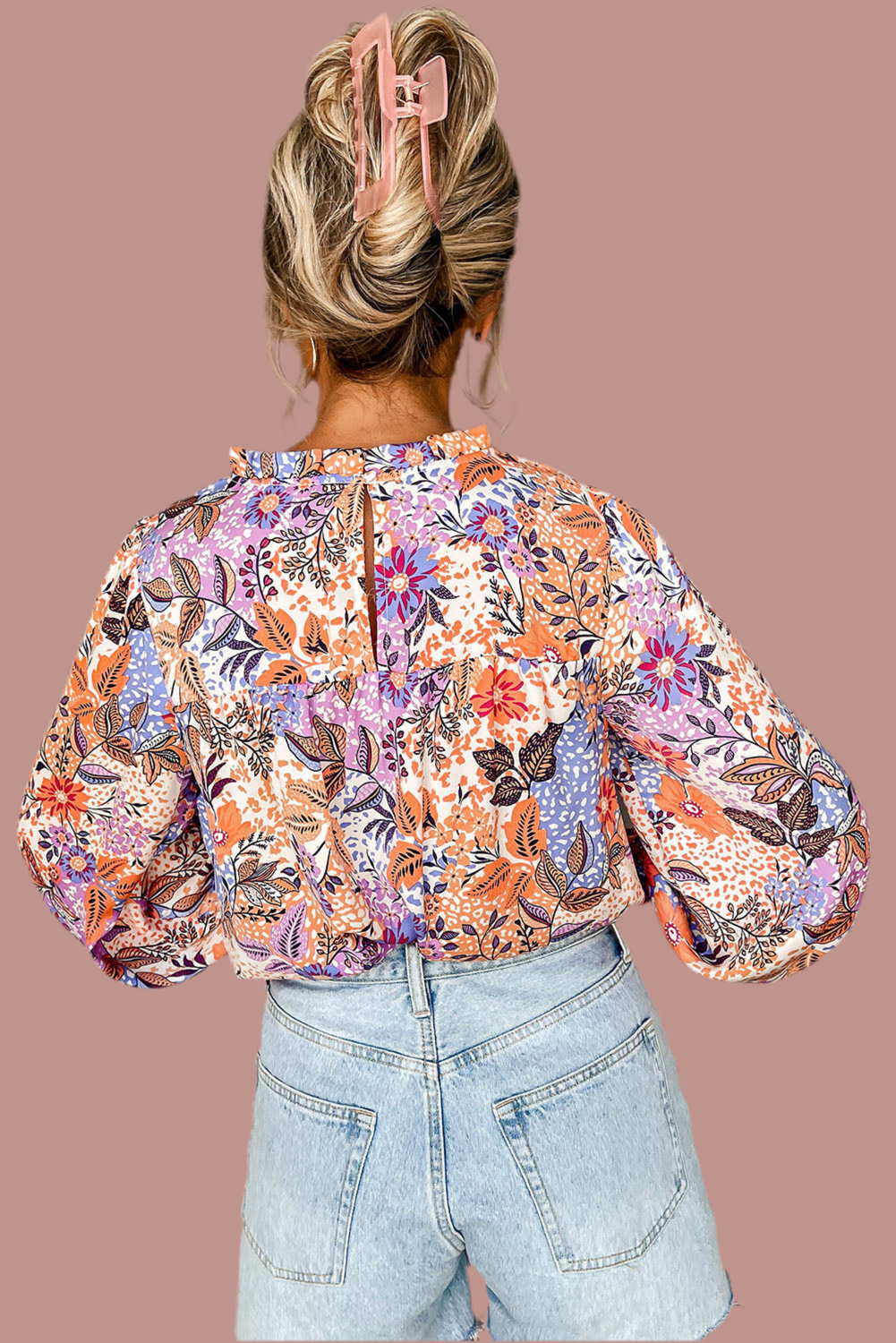 Multicolour Floral Bishop Sleeve Frilled Round Neck Blouse