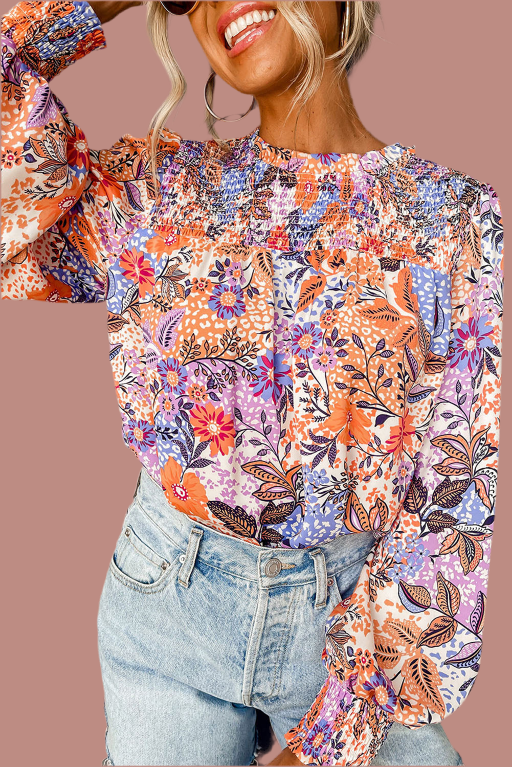 Multicolour Floral Bishop Sleeve Frilled Round Neck Blouse