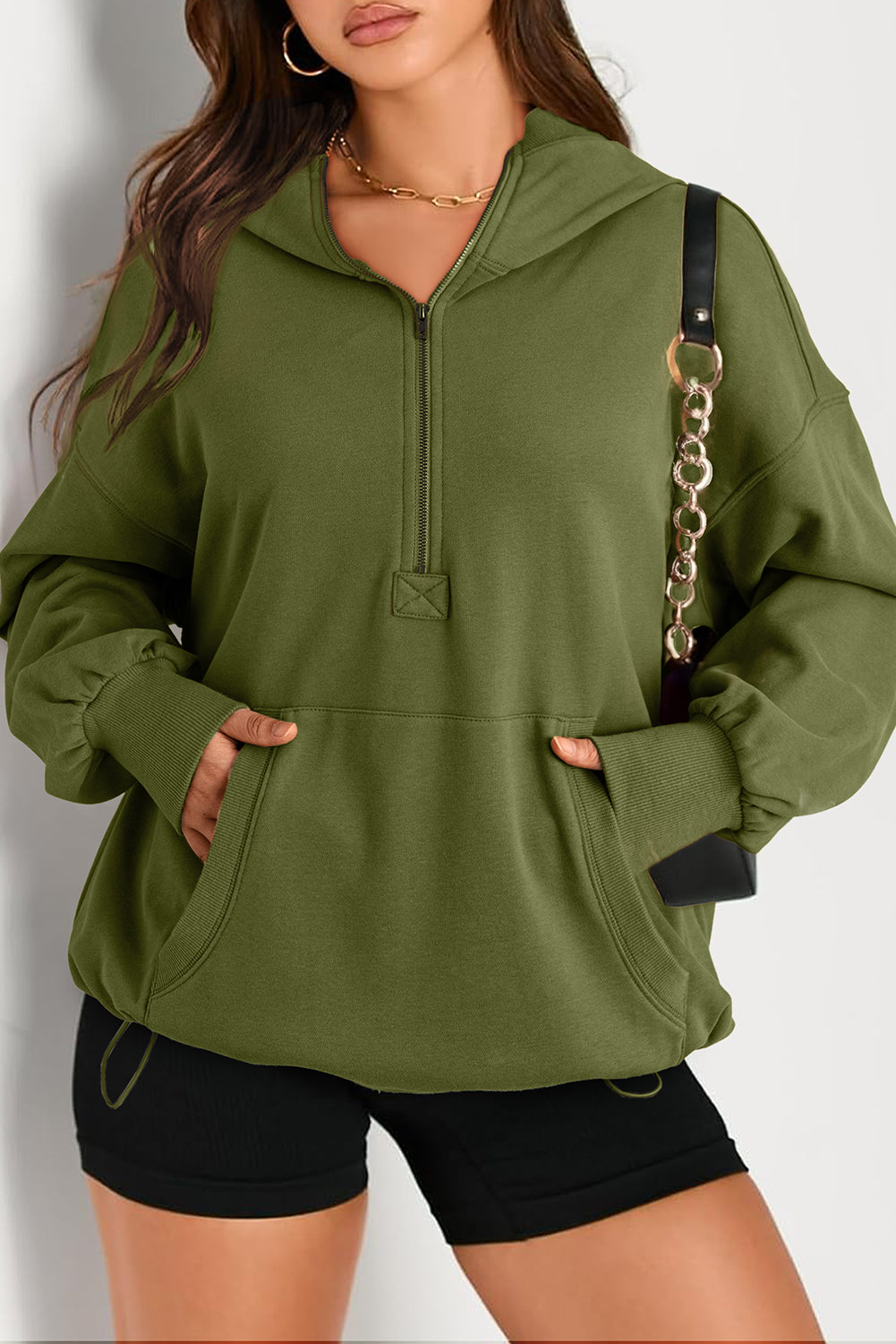 Bonbon Solid Kangaroo Pocket Half Zipper Oversized Hoodie