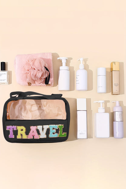 Black TRAVEL Chenille Letter Clear PVC Makeup Bag