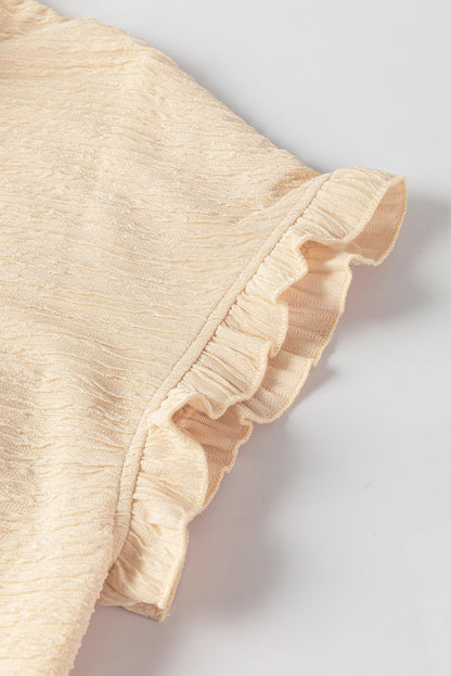 Light Pink Solid Textured Ruffled Short Sleeve Blouse