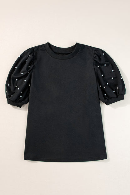 Light Grey Rhinestone Pearl Puff Half Sleeve Top