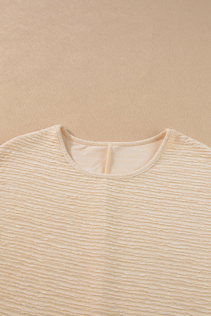 Light Pink Solid Textured Ruffled Short Sleeve Blouse