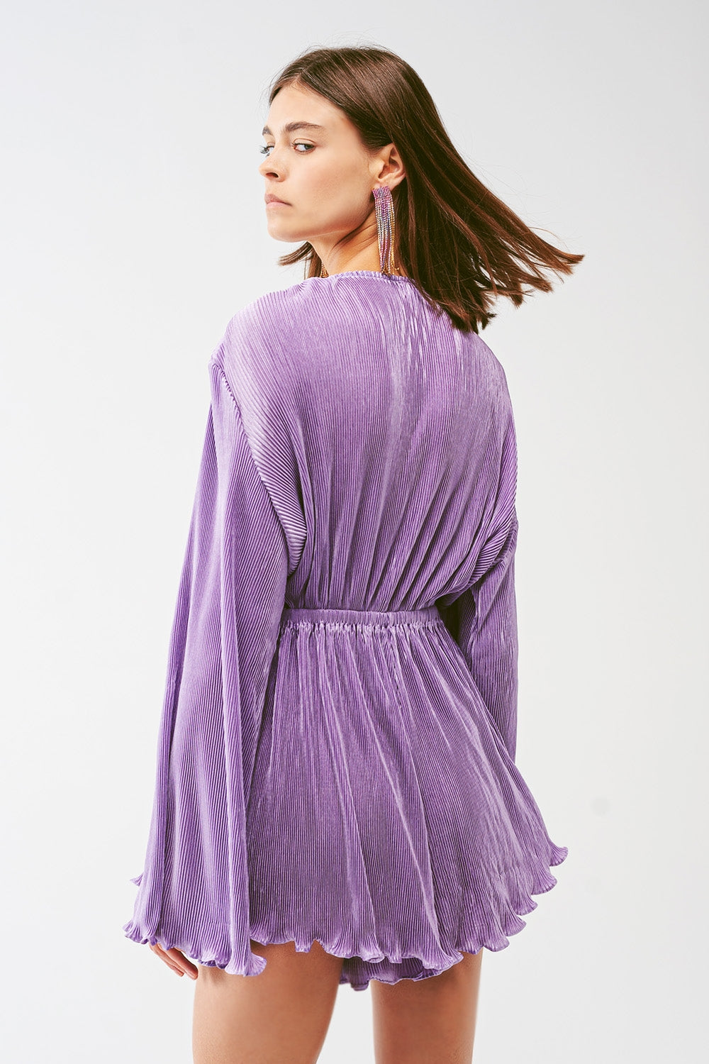 Satin Wrap Pleated Romper in Lilac