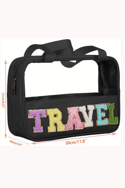 Black TRAVEL Chenille Letter Clear PVC Makeup Bag