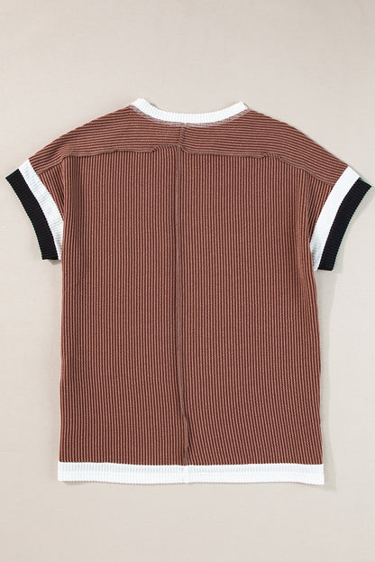 Bright Pink Textured Contrast Trim Round Neck T Shirt