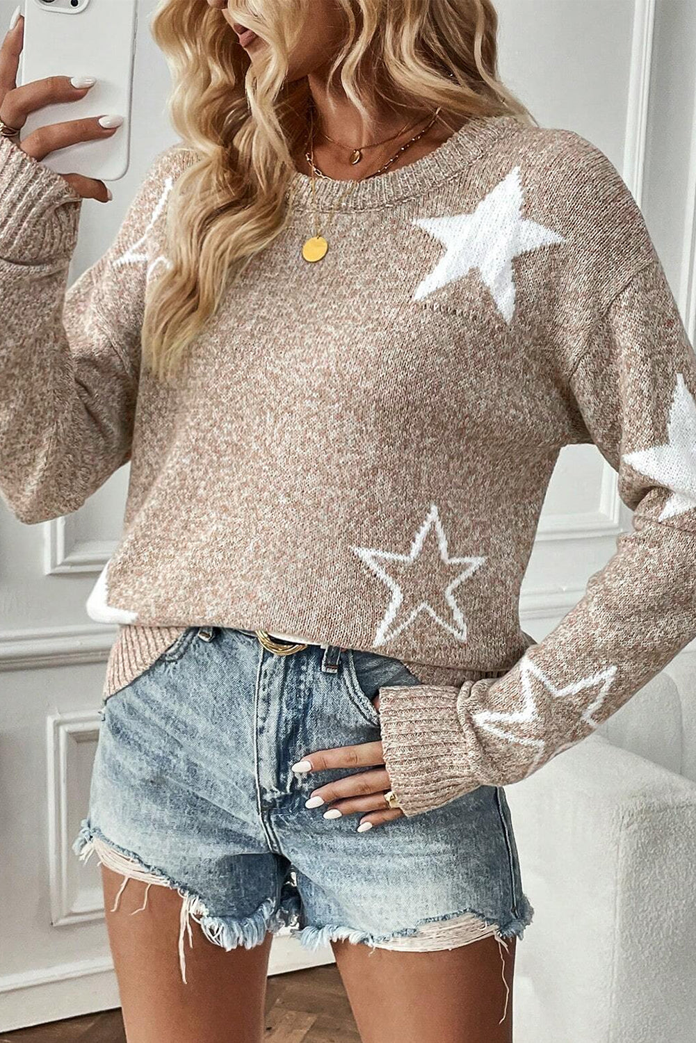 Gray Star Pattern Drop Shoulder Sweater