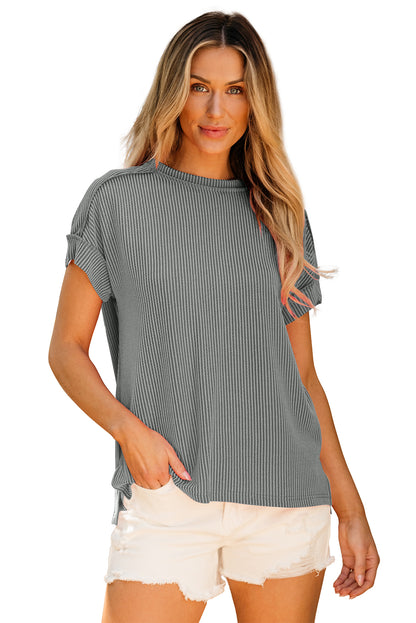 Black Textured Knit Exposed Stitching T-shirt