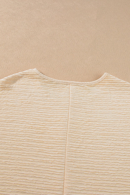 Light Pink Solid Textured Ruffled Short Sleeve Blouse