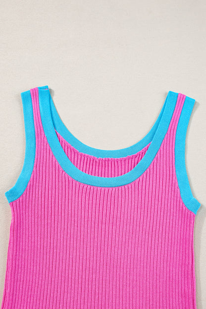 Fiery Red Colorblock Edge Ribbed Knit U Neck Tank Top