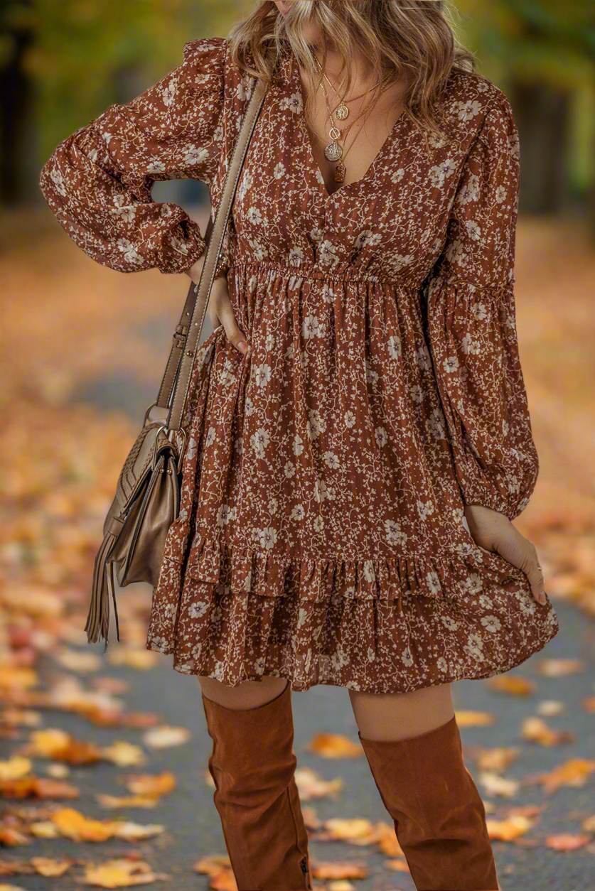 Brown Boho Floral Ruffled Puff Sleeve V Neck Mini Dress