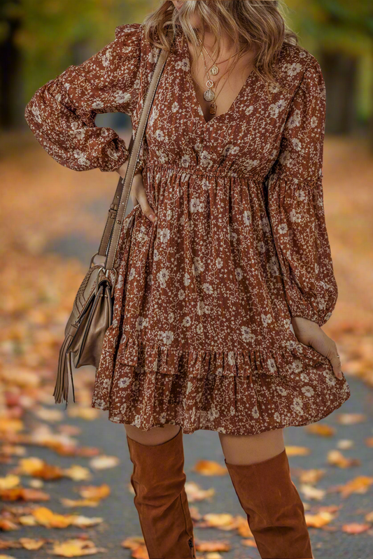 Brown Boho Floral Ruffled Puff Sleeve V Neck Mini Dress