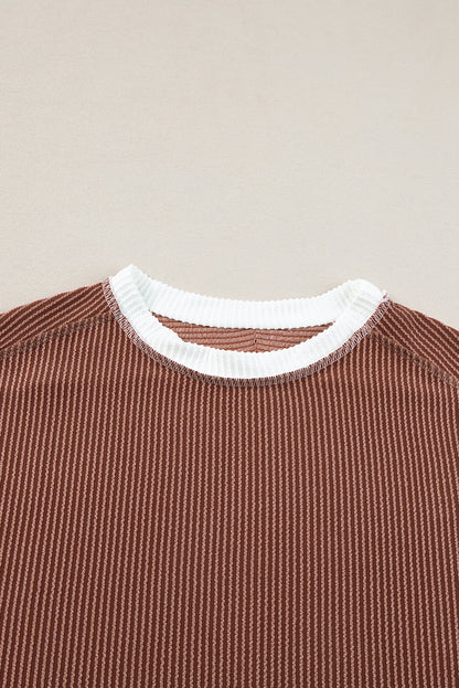 Bright Pink Textured Contrast Trim Round Neck T Shirt