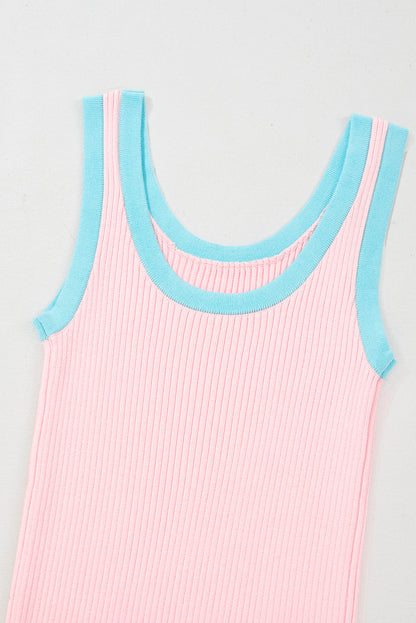 Fiery Red Colorblock Edge Ribbed Knit U Neck Tank Top