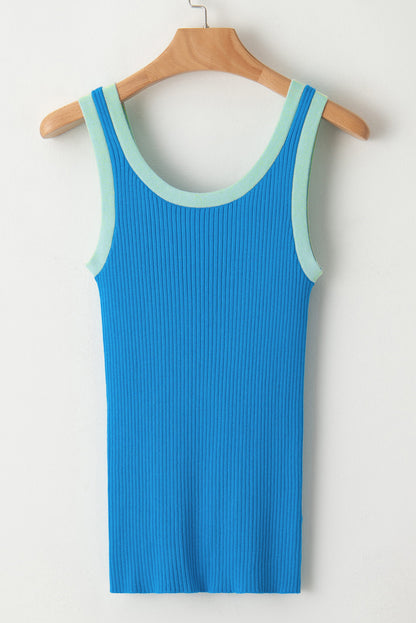 Fiery Red Colorblock Edge Ribbed Knit U Neck Tank Top