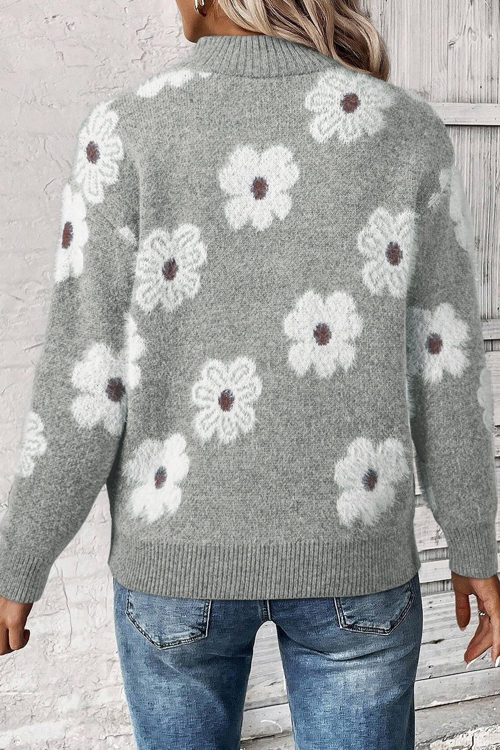 Khaki Floral Pattern Half Zip Drop Shoulder Sweater