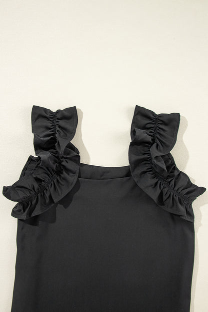 Oatmeal Solid Ruffle Trim Sleeveless Top