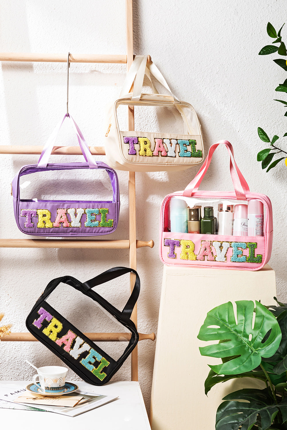 Black TRAVEL Chenille Letter Clear PVC Makeup Bag