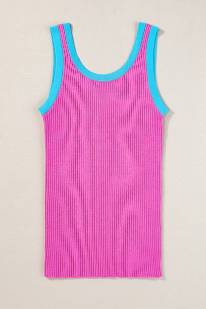 Fiery Red Colorblock Edge Ribbed Knit U Neck Tank Top