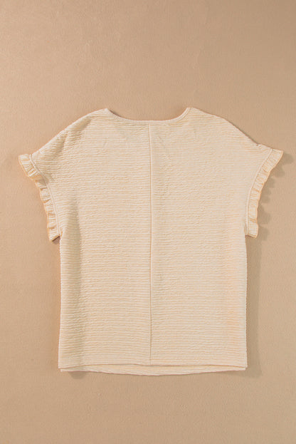 Light Pink Solid Textured Ruffled Short Sleeve Blouse