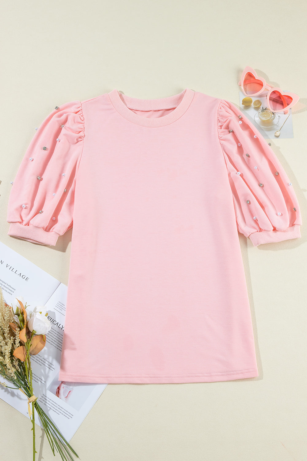 Light Grey Rhinestone Pearl Puff Half Sleeve Top