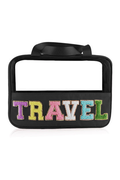 Black TRAVEL Chenille Letter Clear PVC Makeup Bag
