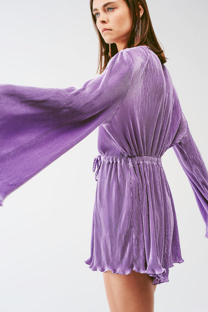 Satin Wrap Pleated Romper in Lilac