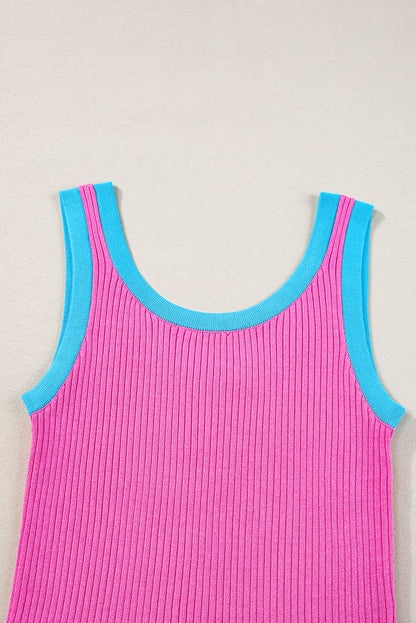 Fiery Red Colorblock Edge Ribbed Knit U Neck Tank Top