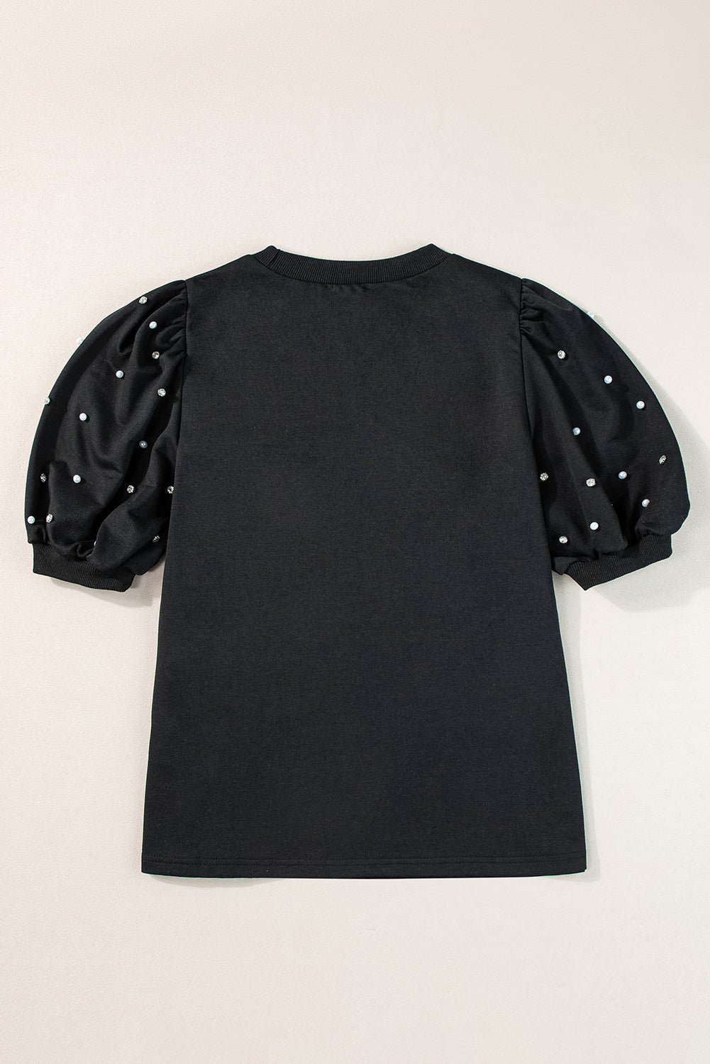 Light Grey Rhinestone Pearl Puff Half Sleeve Top