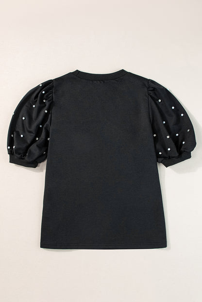 Light Grey Rhinestone Pearl Puff Half Sleeve Top