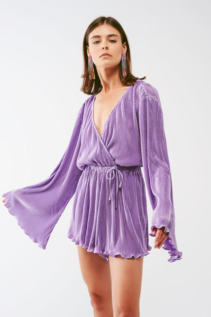 Satin Wrap Pleated Romper in Lilac