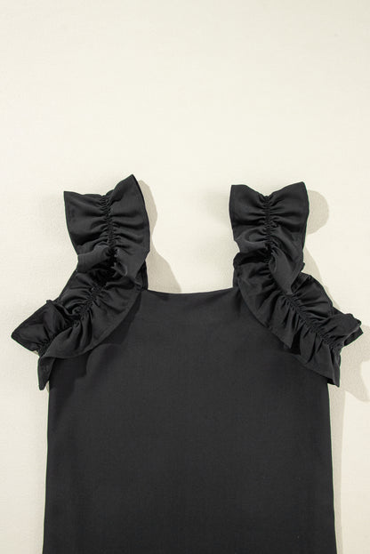 Oatmeal Solid Ruffle Trim Sleeveless Top