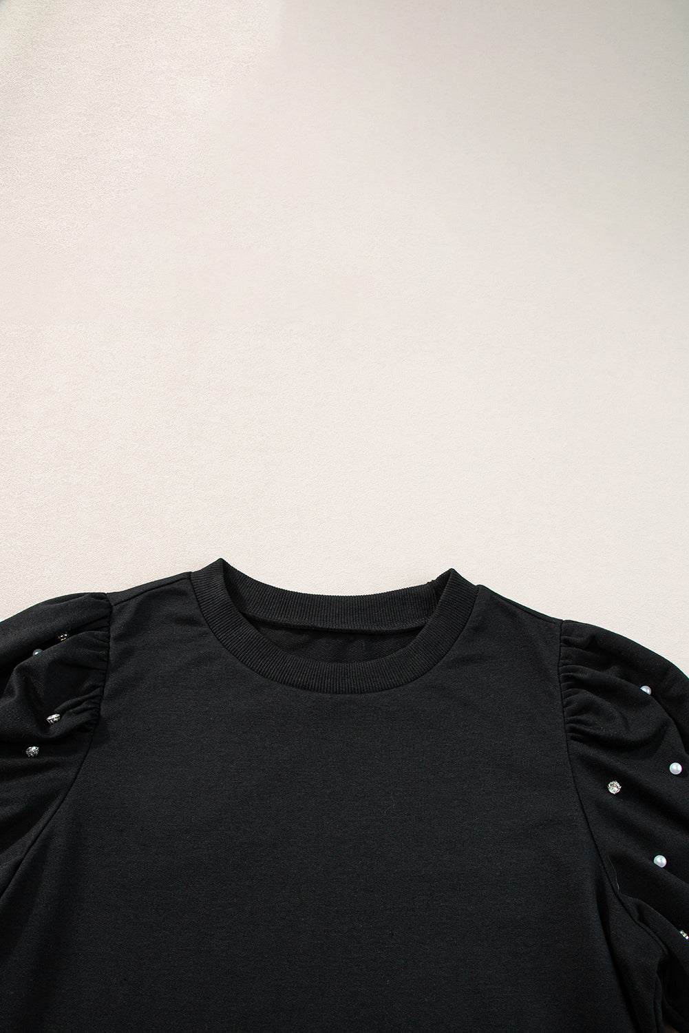 Light Grey Rhinestone Pearl Puff Half Sleeve Top