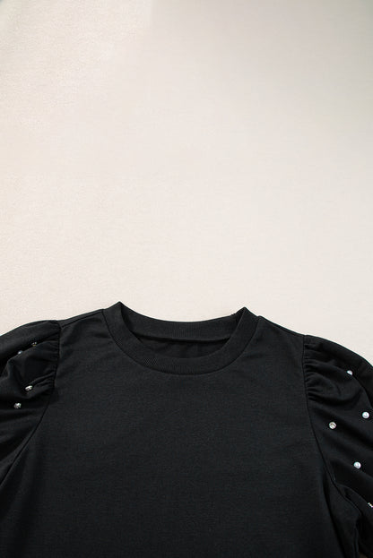 Light Grey Rhinestone Pearl Puff Half Sleeve Top