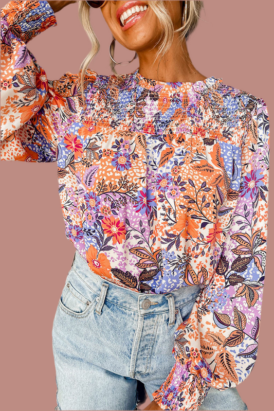 Multicolour Floral Bishop Sleeve Frilled Round Neck Blouse