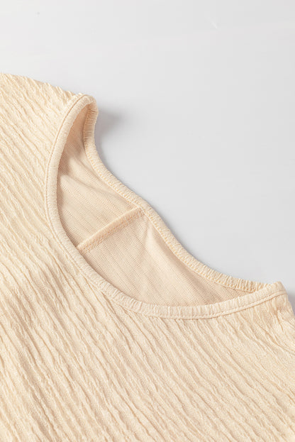 Light Pink Solid Textured Ruffled Short Sleeve Blouse