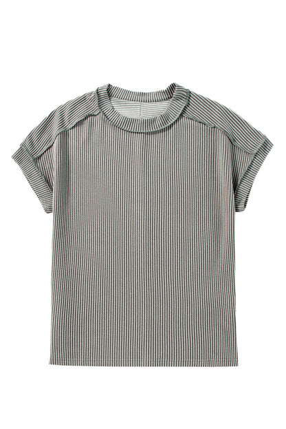 Black Textured Knit Exposed Stitching T-shirt