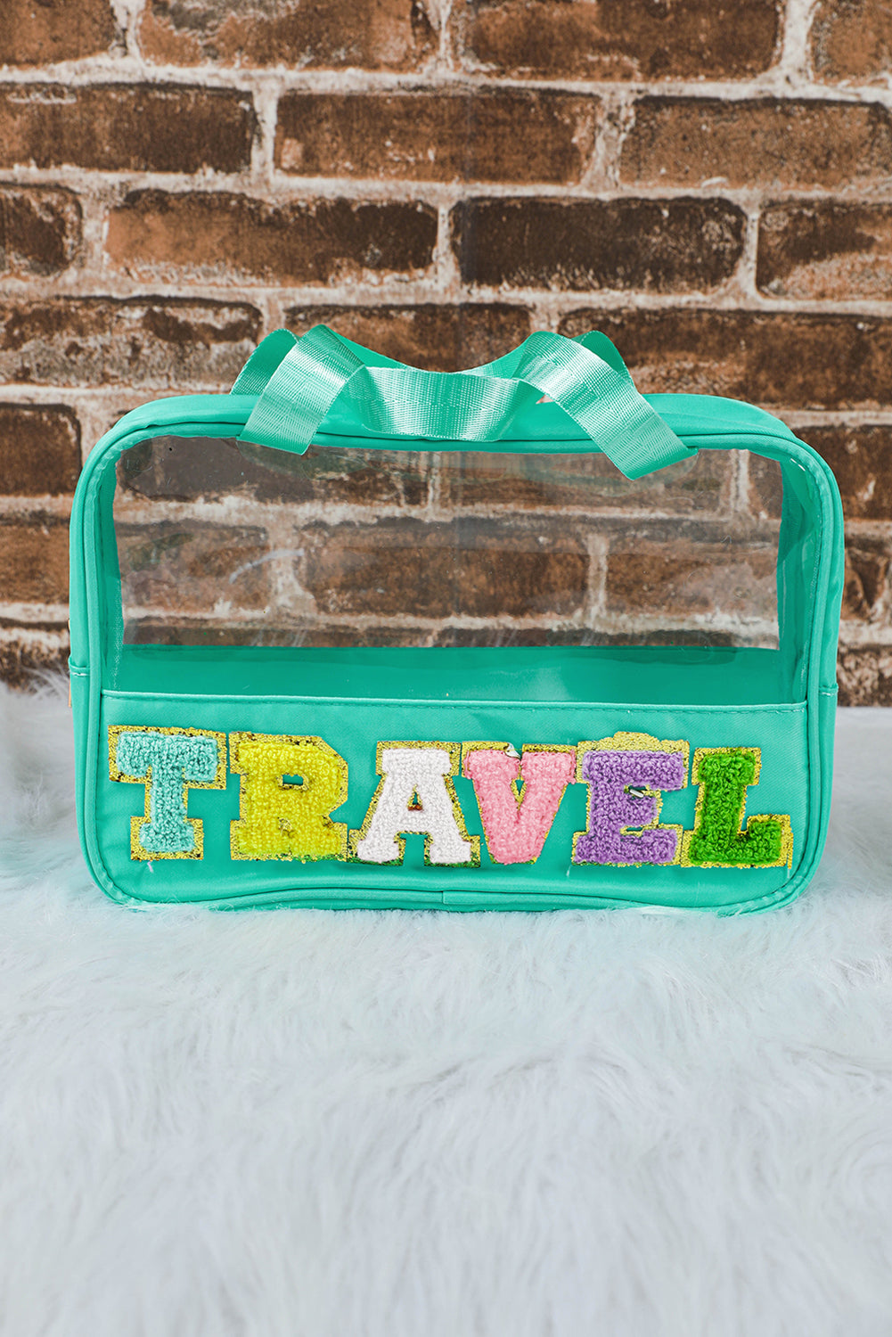Black TRAVEL Chenille Letter Clear PVC Makeup Bag