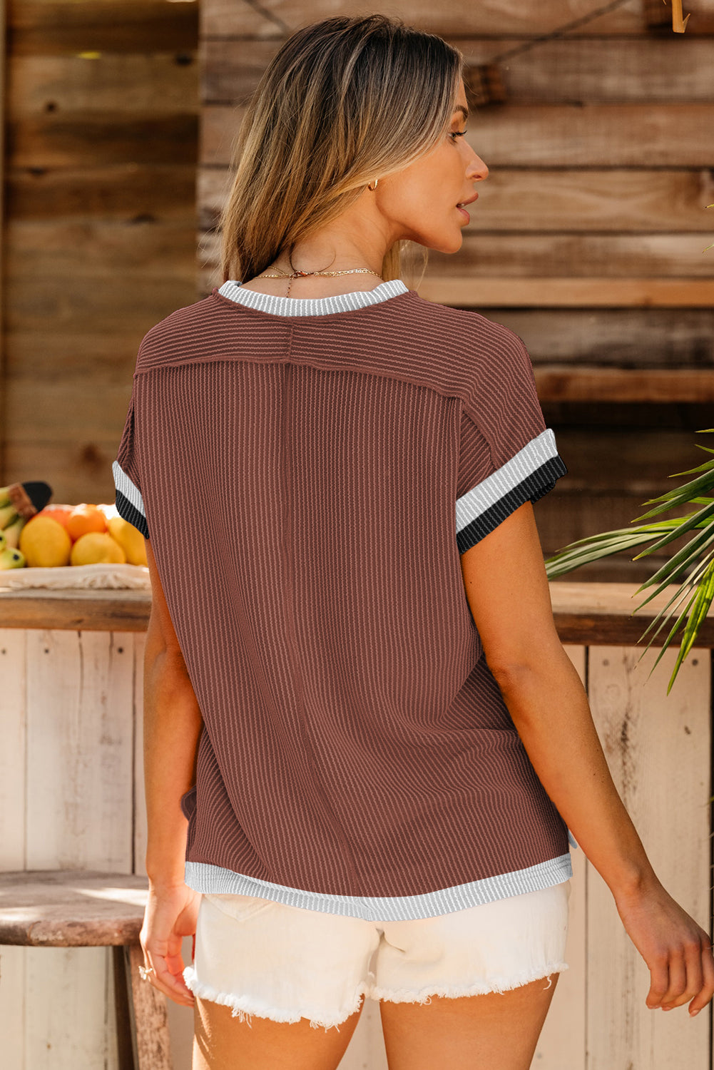 Bright Pink Textured Contrast Trim Round Neck T Shirt