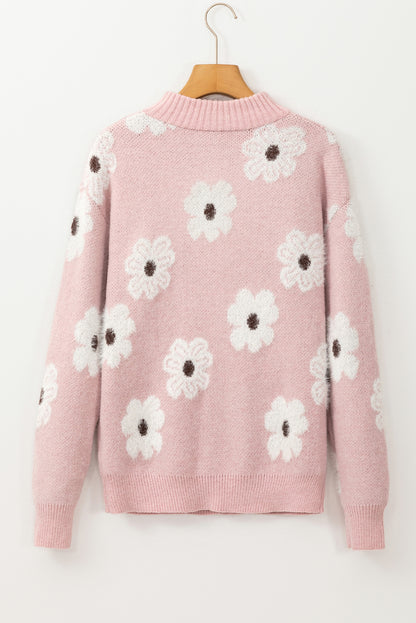 Khaki Floral Pattern Half Zip Drop Shoulder Sweater