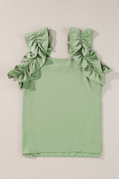 Oatmeal Solid Ruffle Trim Sleeveless Top