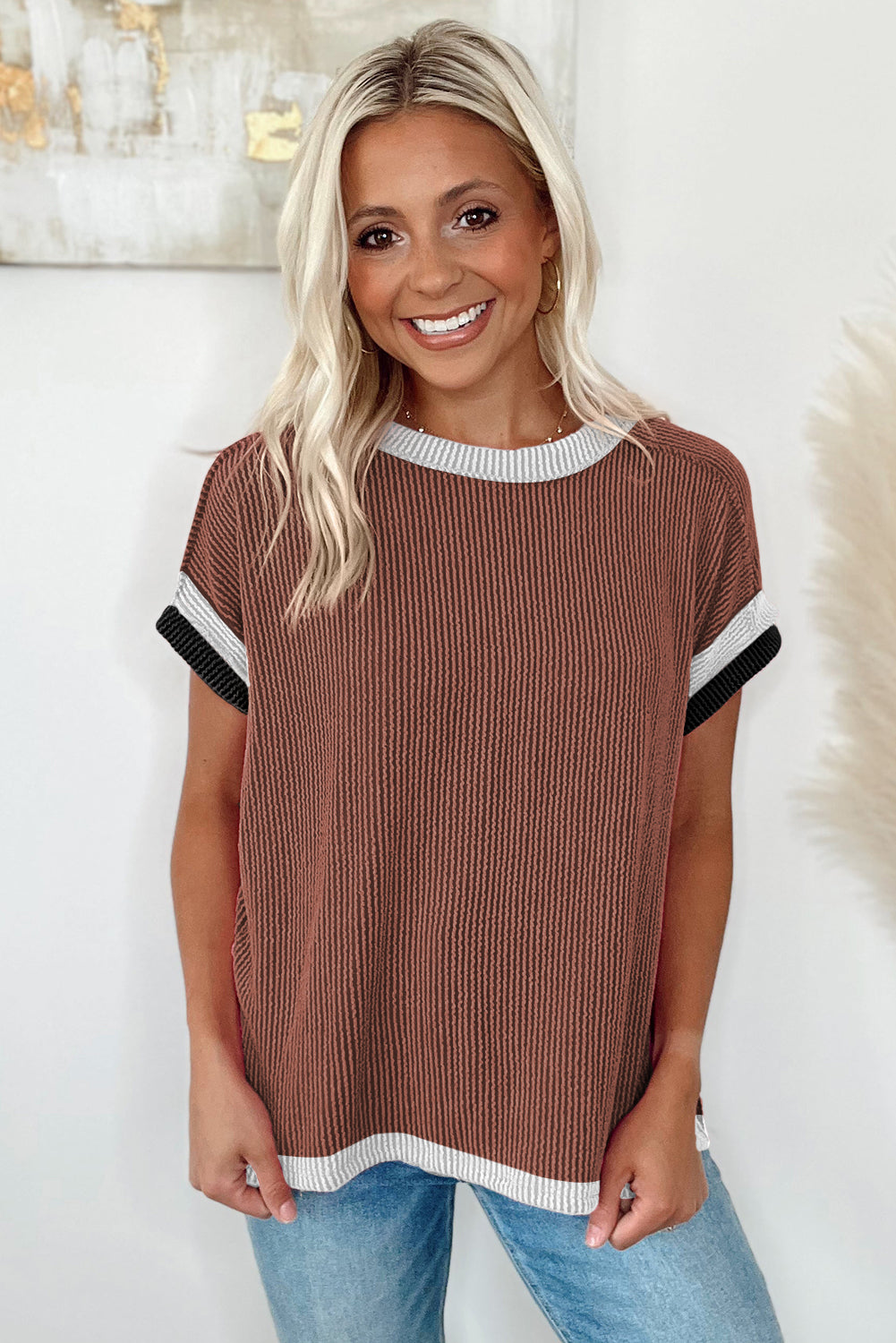 Bright Pink Textured Contrast Trim Round Neck T Shirt