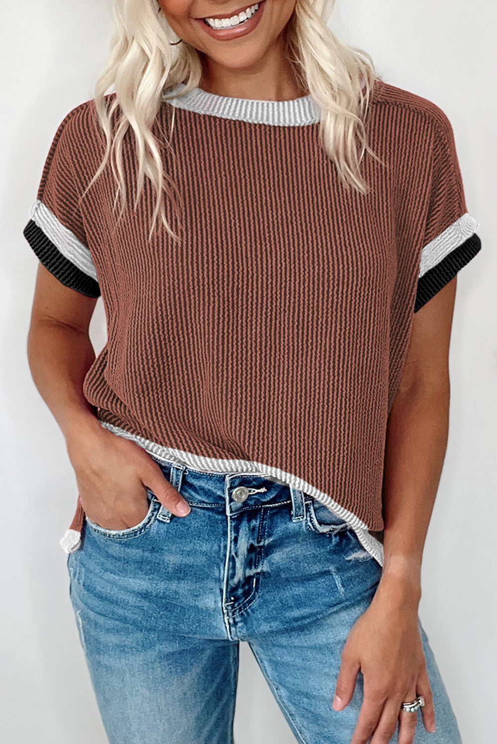 Bright Pink Textured Contrast Trim Round Neck T Shirt