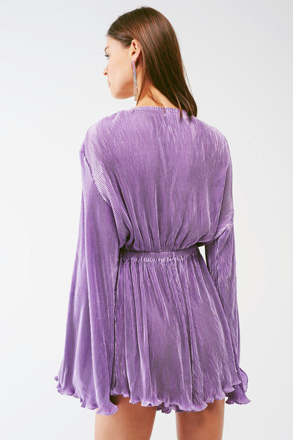 Satin Wrap Pleated Romper in Lilac