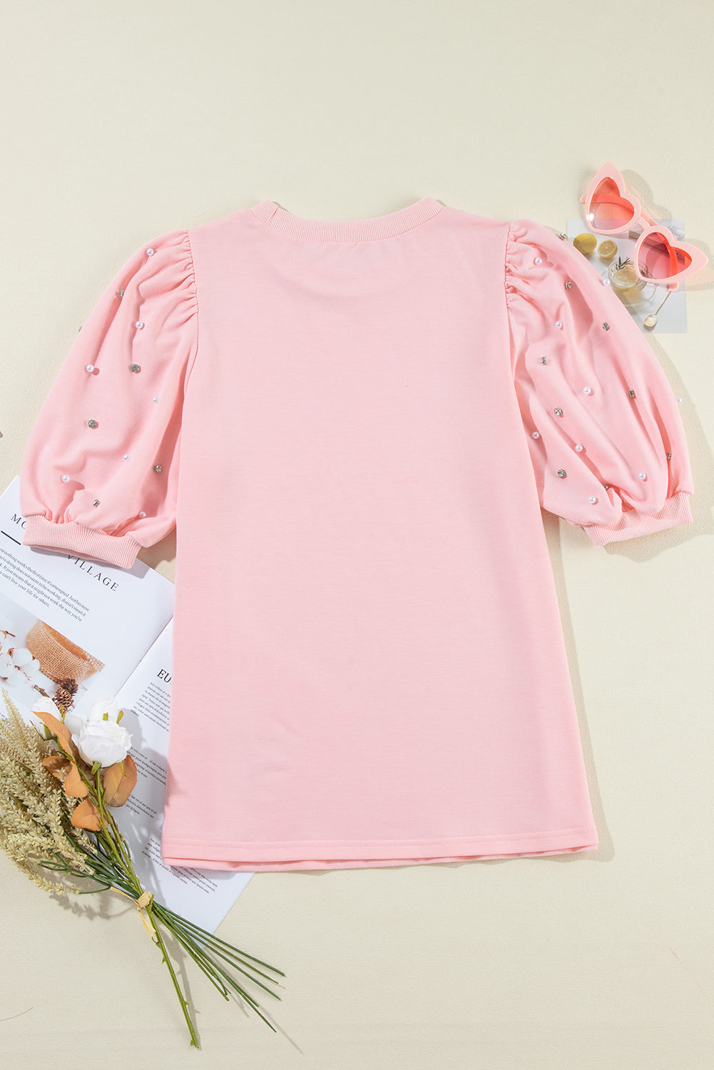 Light Grey Rhinestone Pearl Puff Half Sleeve Top