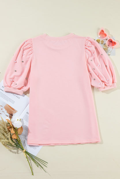 Light Grey Rhinestone Pearl Puff Half Sleeve Top