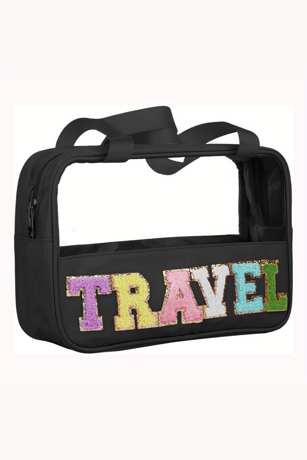 Black TRAVEL Chenille Letter Clear PVC Makeup Bag
