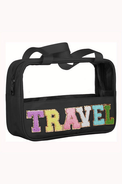 Black TRAVEL Chenille Letter Clear PVC Makeup Bag