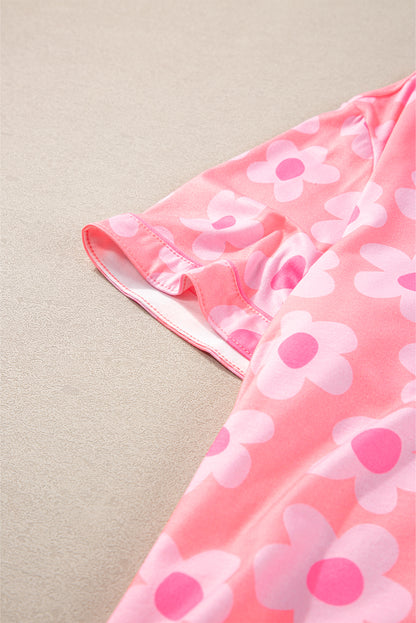 Green Flower Print Short Sleeve Shirt Pajamas Set