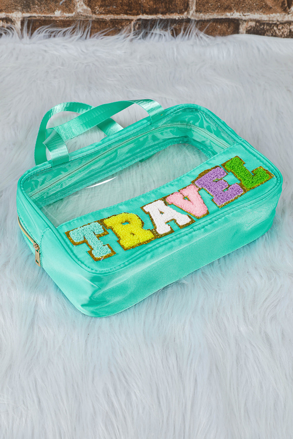 Black TRAVEL Chenille Letter Clear PVC Makeup Bag